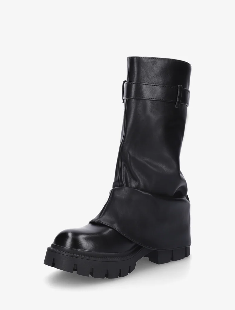Bottines à revers et zip décoratif en simili - Noir
