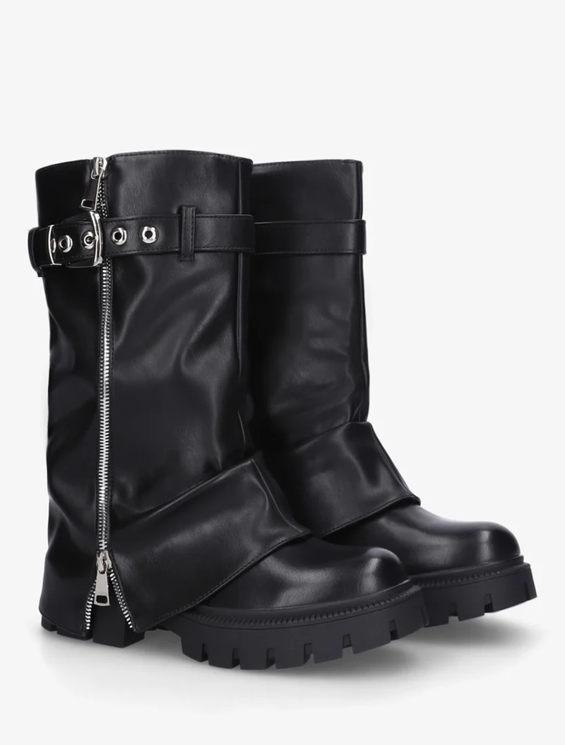 Bottines à revers et zip décoratif en simili - Noir