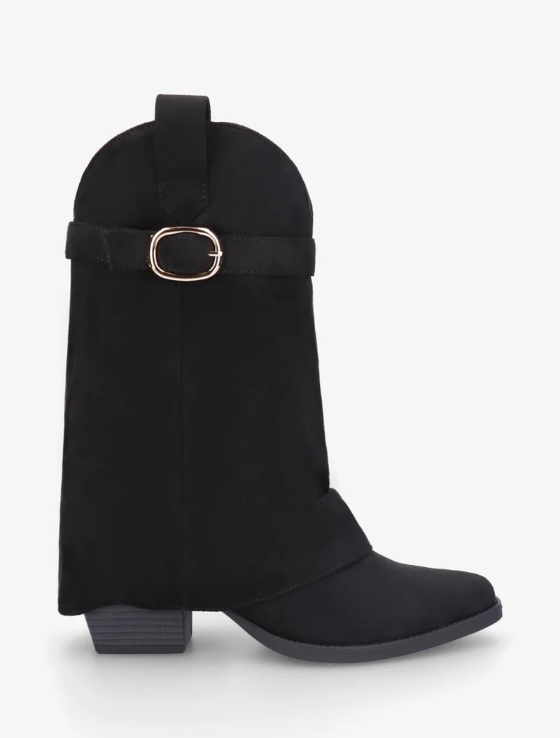 Bottines en suédine à revers et ceinturon - Noir