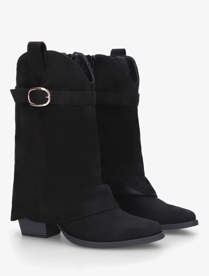 Bottines en suédine à revers et ceinturon - Noir