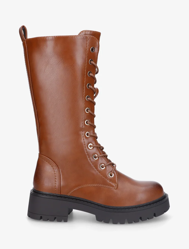 Bottines montantes en simili à lacets - Camel