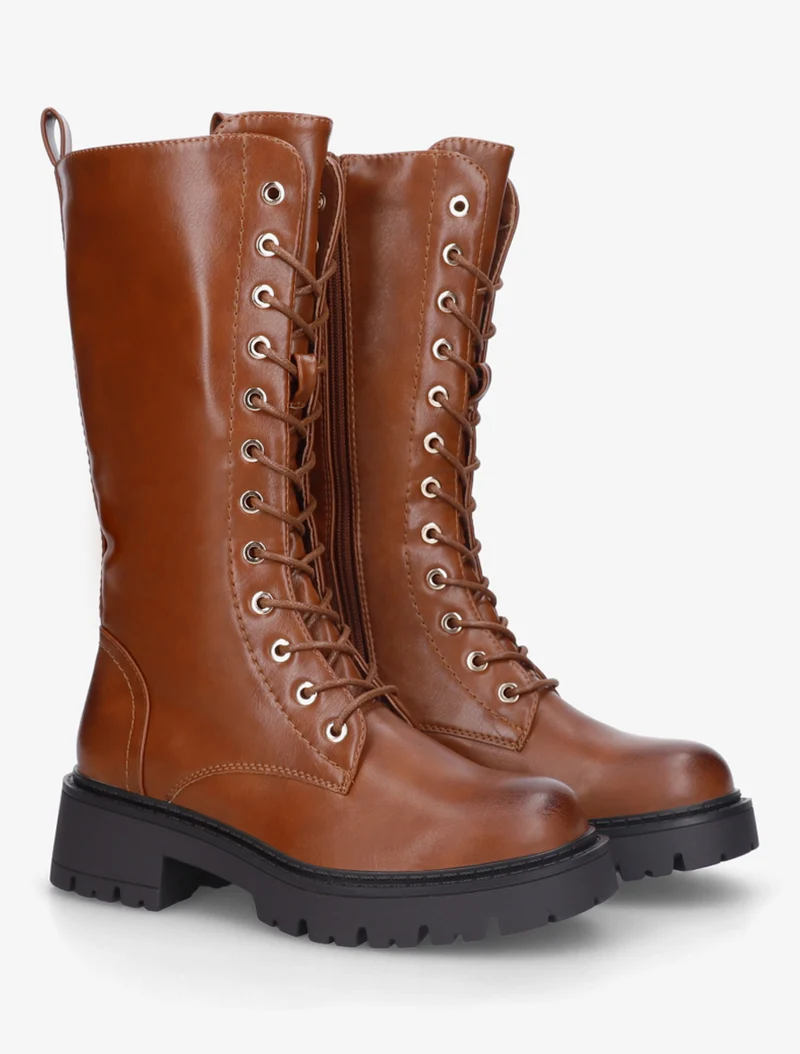 Bottines montantes en simili à lacets - Camel