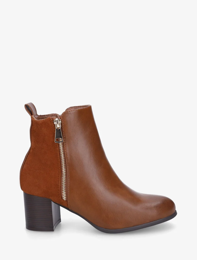 Bottines en simili et suédine à zip décoratif - Camel