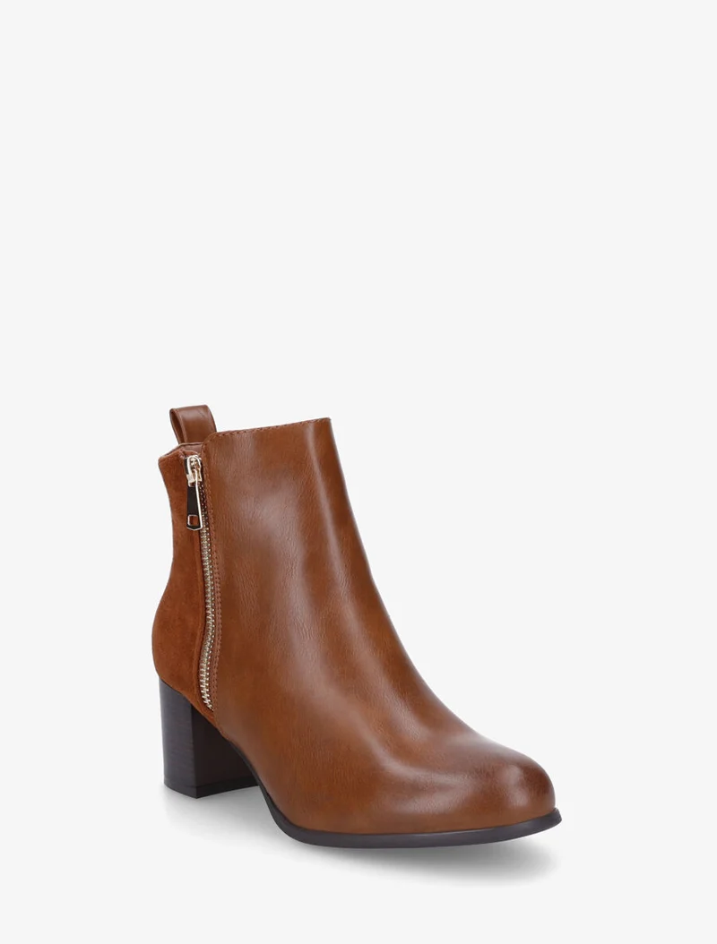 Bottines en simili et suédine à zip décoratif - Camel