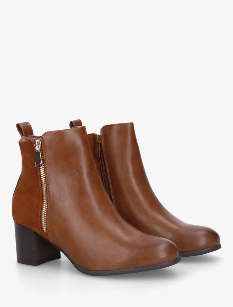 Bottines en simili et suédine à zip décoratif - Camel