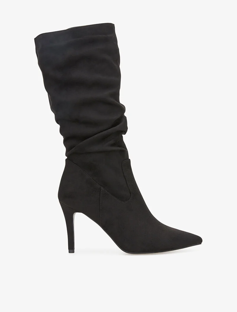 Bottes en suédine plissé à talon aiguille - noir