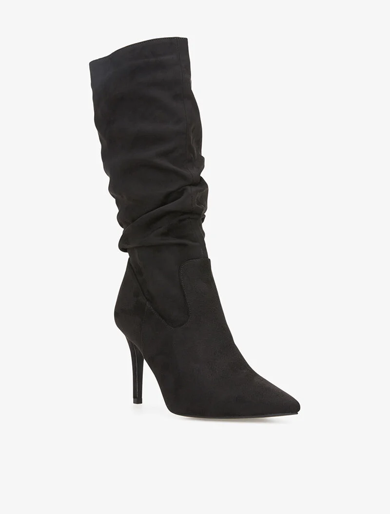 Bottes en suédine plissé à talon aiguille - noir