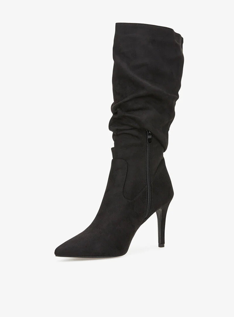Bottes en suédine plissé à talon aiguille - noir