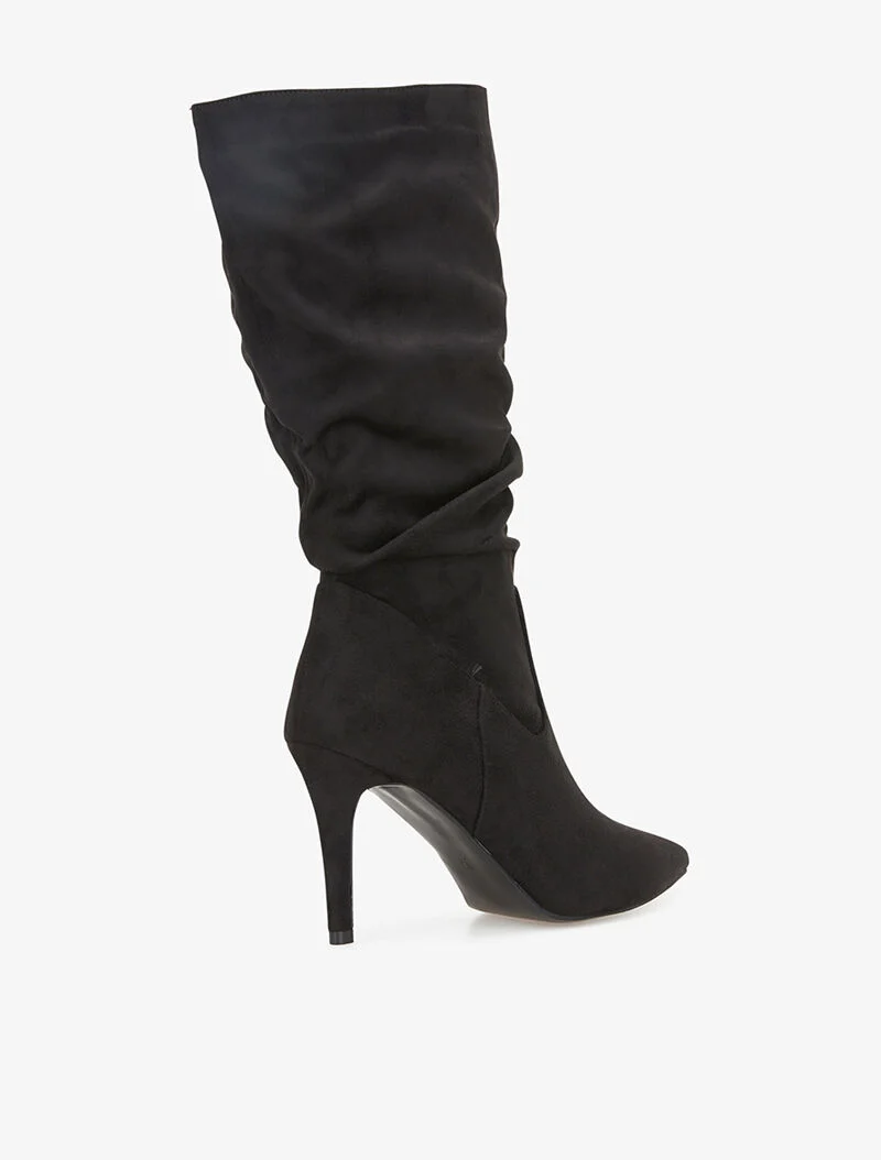 Bottes en suédine plissé à talon aiguille - noir