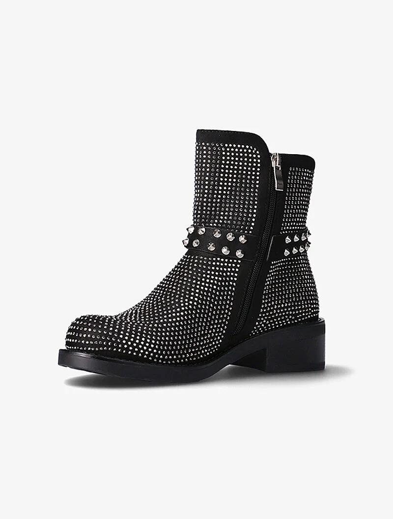 Boots à strass et lanières à picots - noir