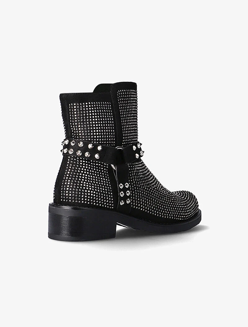 Boots à strass et lanières à picots - noir