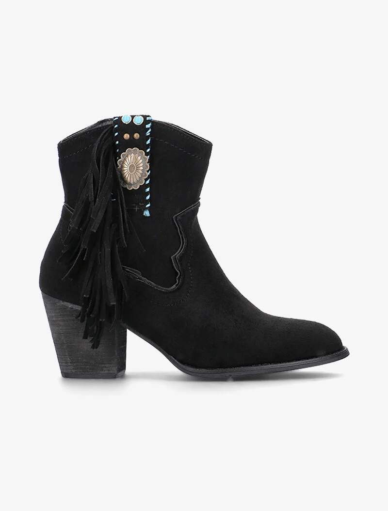 Bottines suédine ornées et à franges - noir