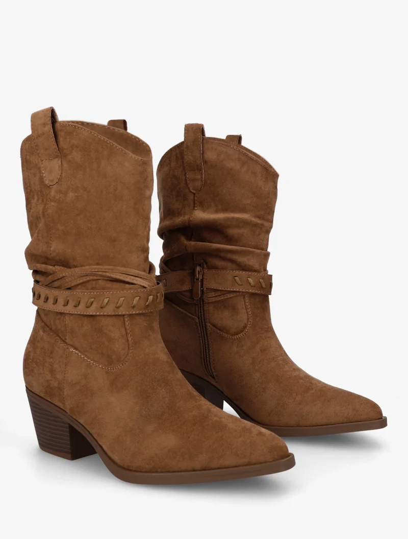 Bottines en suédine style santiags - Camel