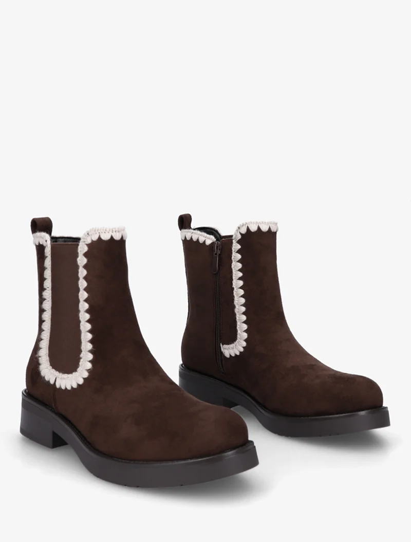 Bottines suédine élastiquées à broderies - Chocolat