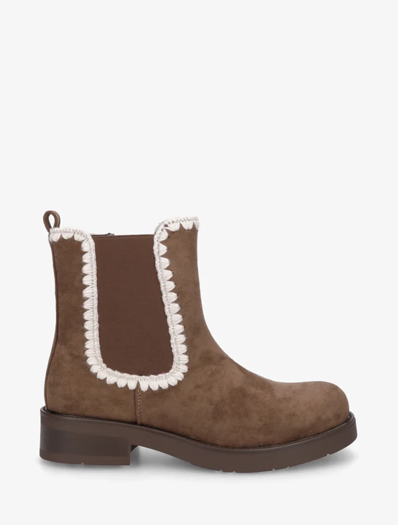 Bottines suédine élastiquées à broderies - Marron