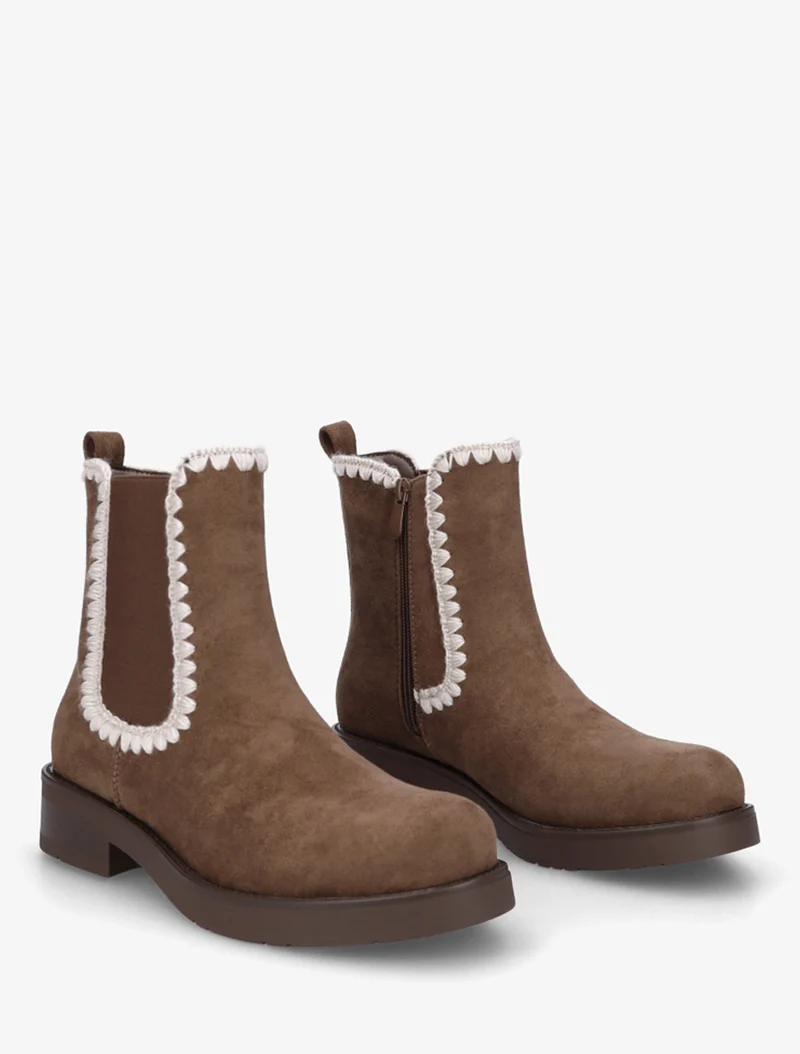 Bottines suédine élastiquées à broderies - Marron