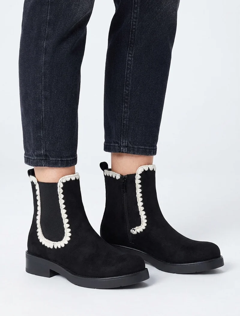 Bottines suédine élastiquées à broderies - Noir
