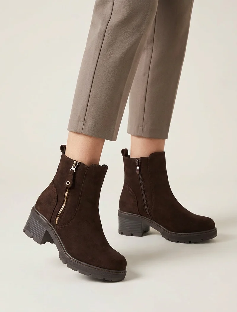 Bottines à talon en suédine - Chocolat