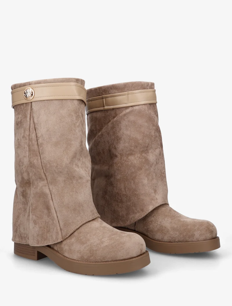 Bottines renversées en suédine à bijou décoratif - Taupe