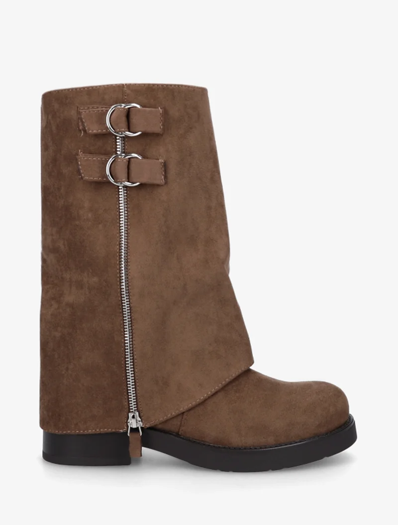 Bottines renversées en suédine à zip décoratif - Marron clair