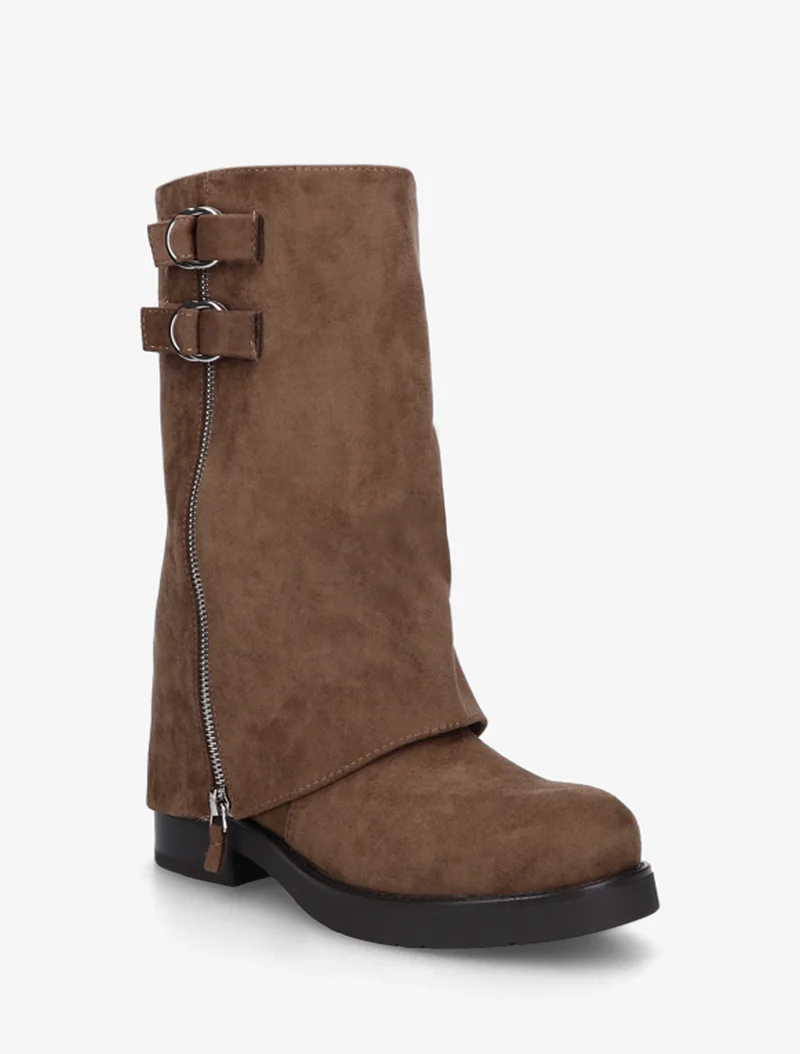 Bottines renversées en suédine à zip décoratif - Marron clair