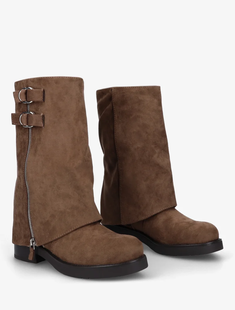 Bottines renversées en suédine à zip décoratif - Marron clair