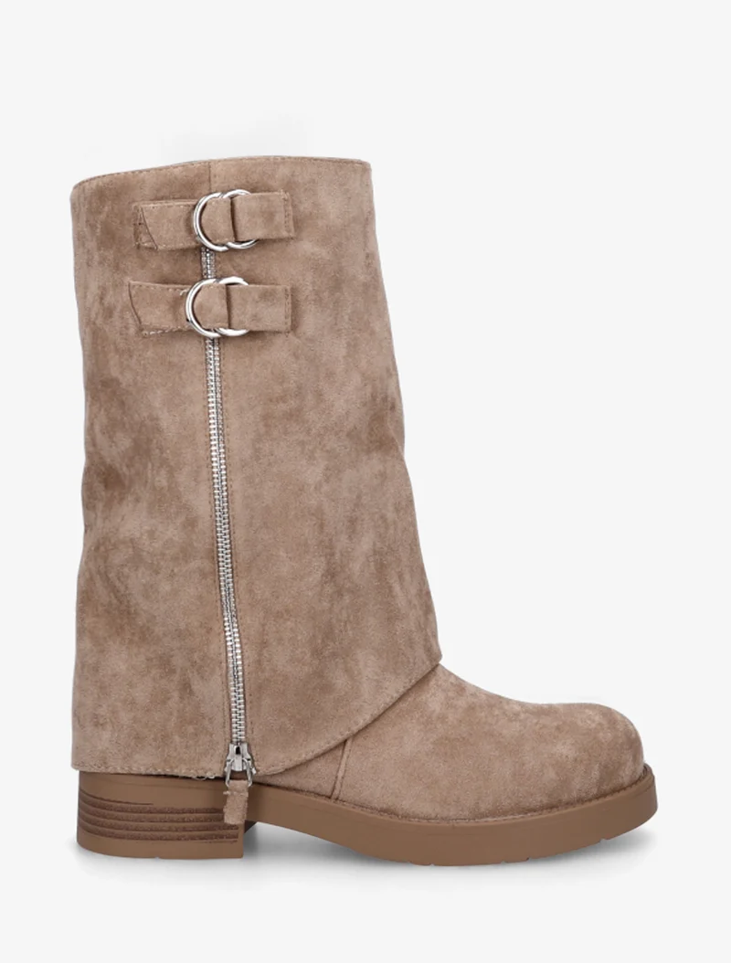 Bottines renversées en suédine à zip décoratif - Taupe