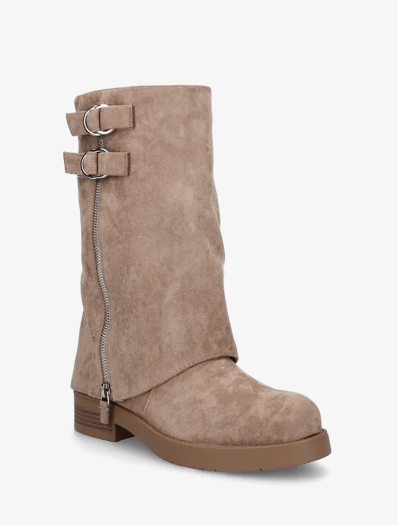 Bottines renversées en suédine à zip décoratif - Taupe
