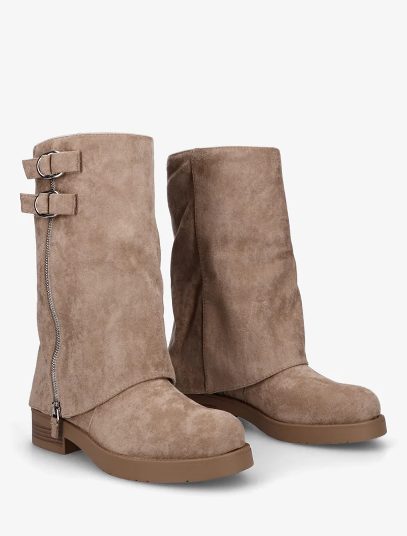 Bottines renversées en suédine à zip décoratif - Taupe
