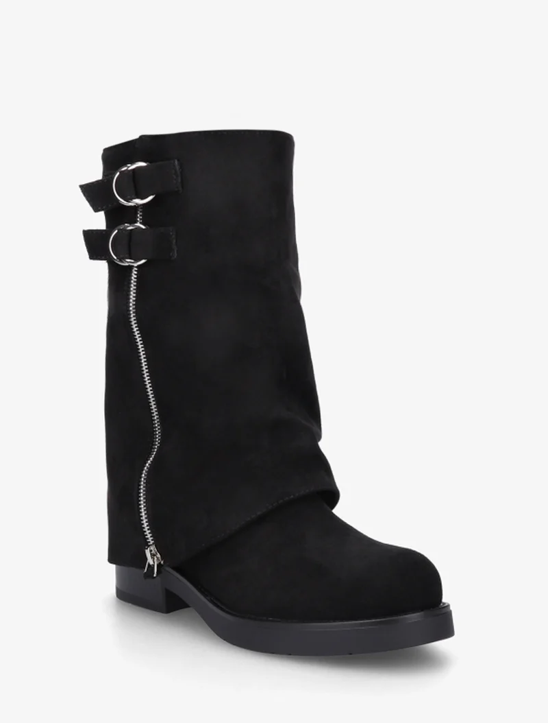 Bottines renversées en suédine à zip décoratif - Noir