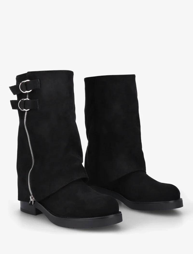 Bottines renversées en suédine à zip décoratif - Noir