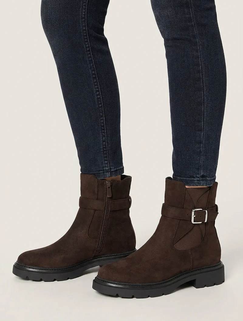 Bottines élastiquées en suédine à boucle - Marron