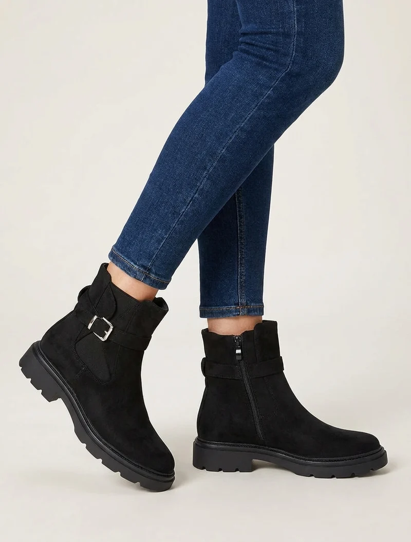 Bottines élastiquées en suédine à boucle - Noir
