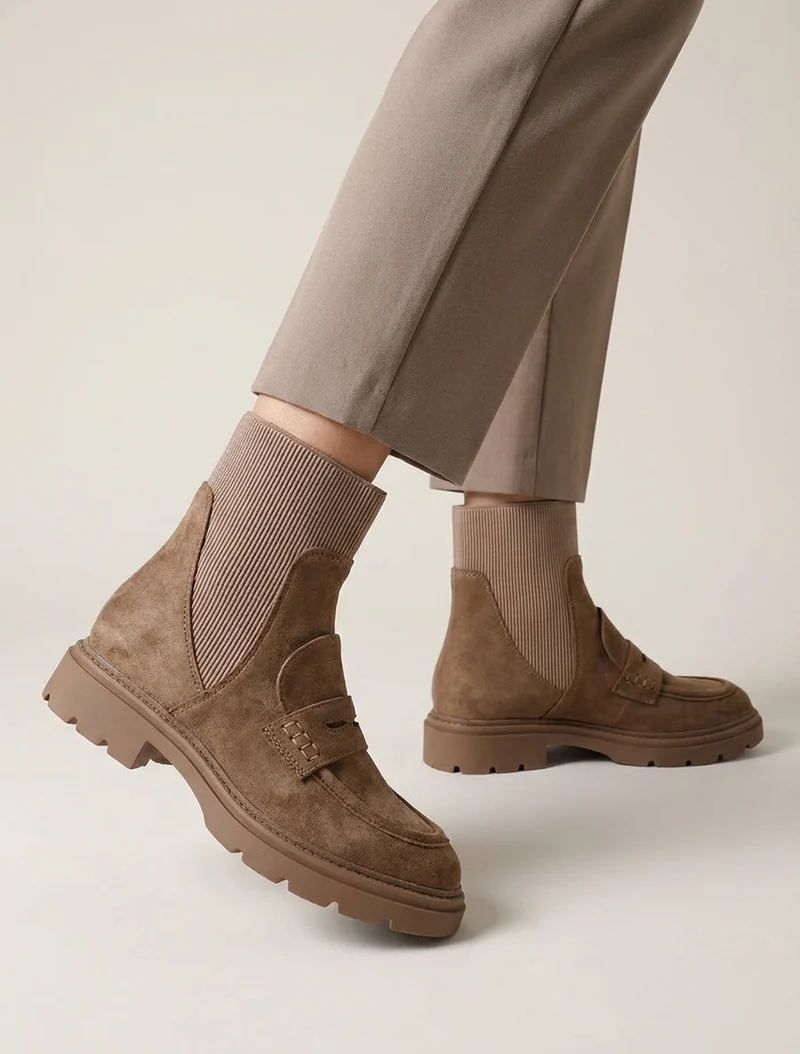 Bottines en suédine style mocassin - Taupe