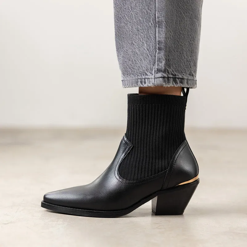 COWBOY SOCK-STYLE ANKLE BOOTS LEATHER HEEL TAPOLCA