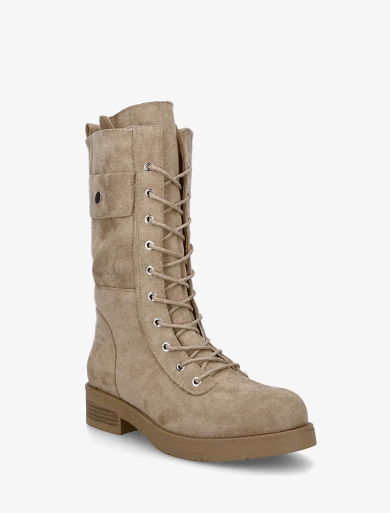 Bottines montantes à lacets et poches décoratives - Beige