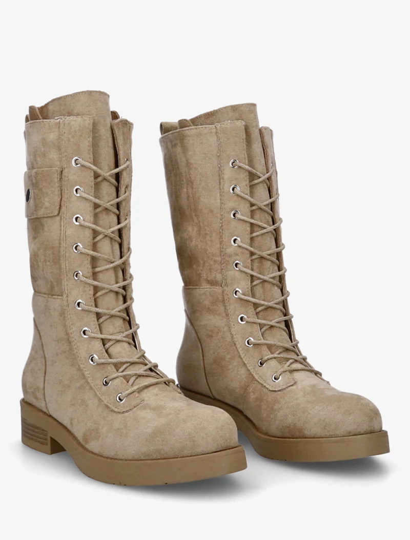 Bottines montantes à lacets et poches décoratives - Beige