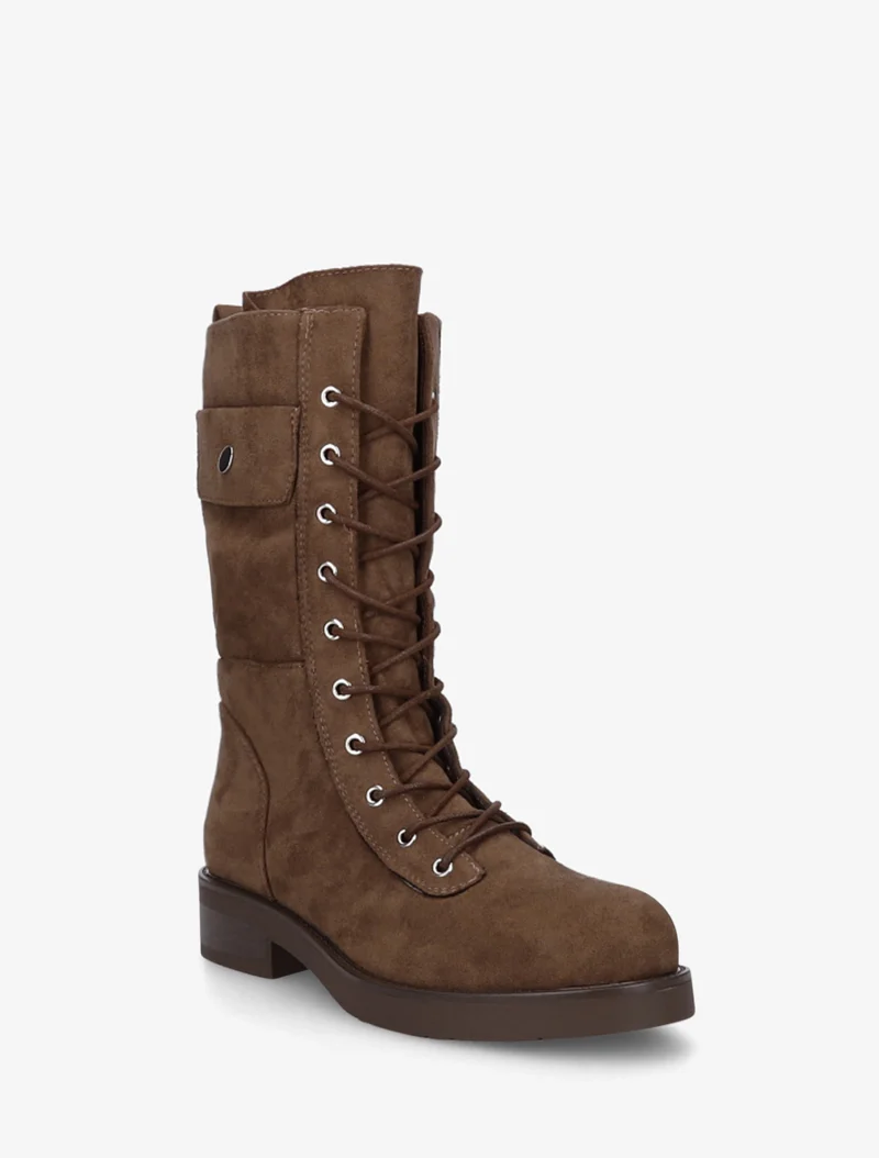Bottines montantes à lacets et poches décoratives - Marron