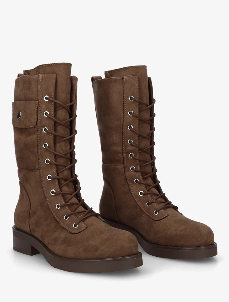 Bottines montantes à lacets et poches décoratives - Marron