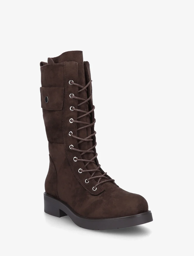 Bottines montantes à lacets et poches décoratives - Chocolat