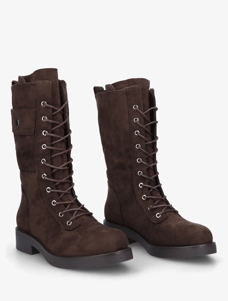 Bottines montantes à lacets et poches décoratives - Chocolat