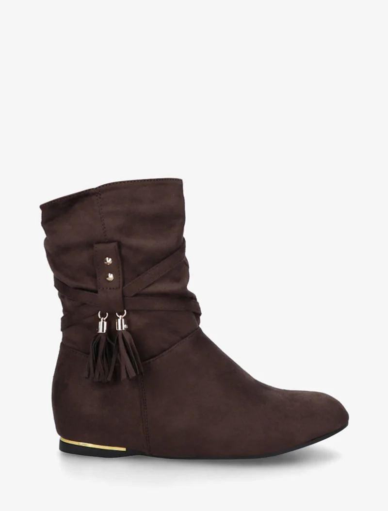Bottines montantes en suédine à pompons - Marron
