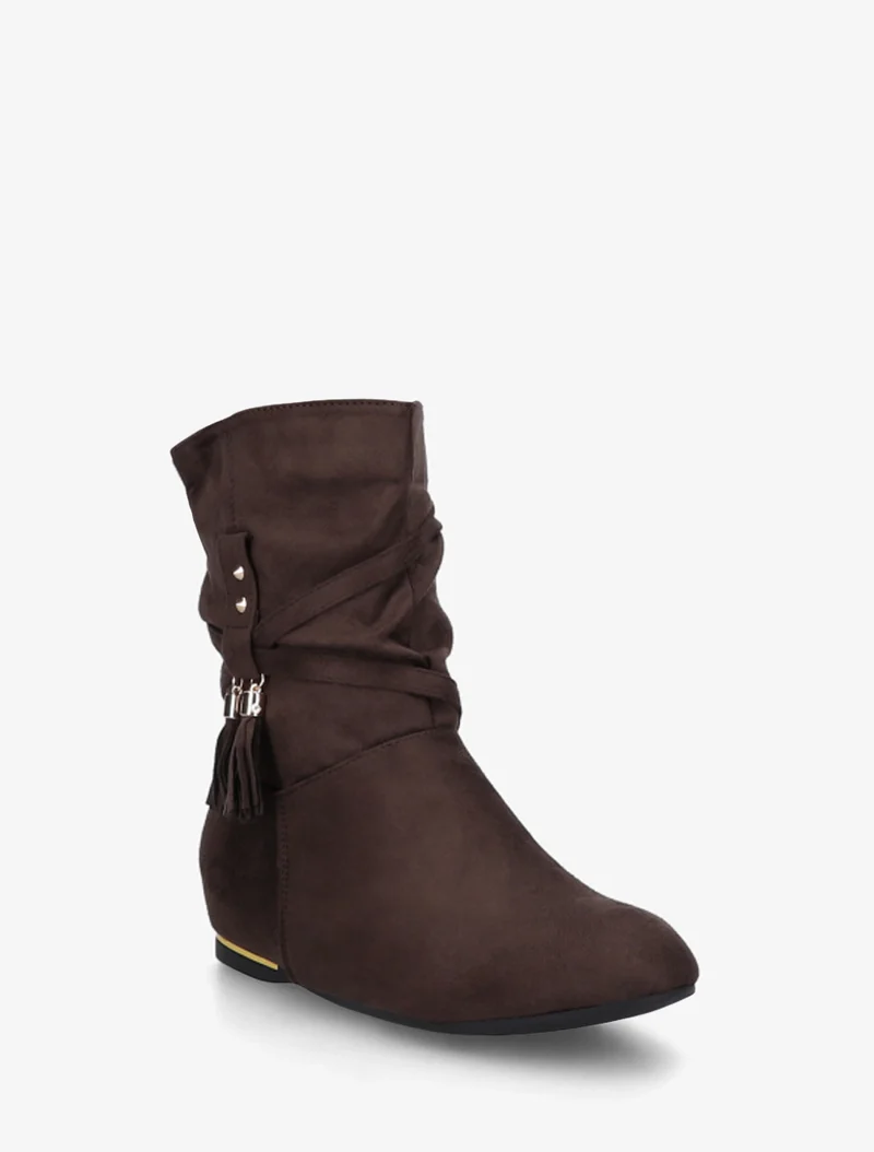 Bottines montantes en suédine à pompons - Marron