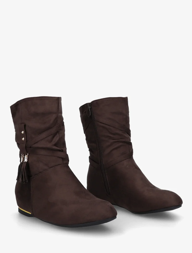 Bottines montantes en suédine à pompons - Marron