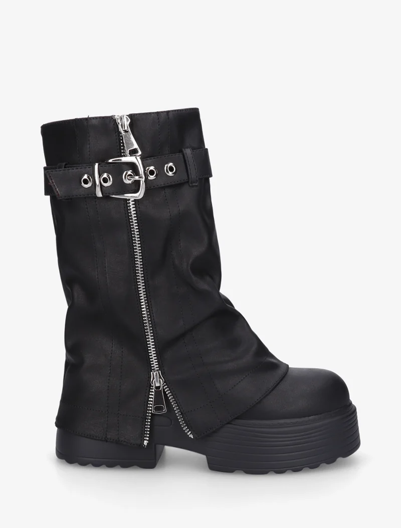 Bottines montantes à revers et zip décoratif - Noir
