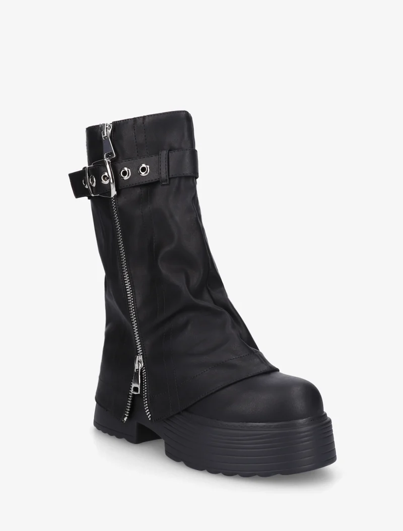 Bottines montantes à revers et zip décoratif - Noir