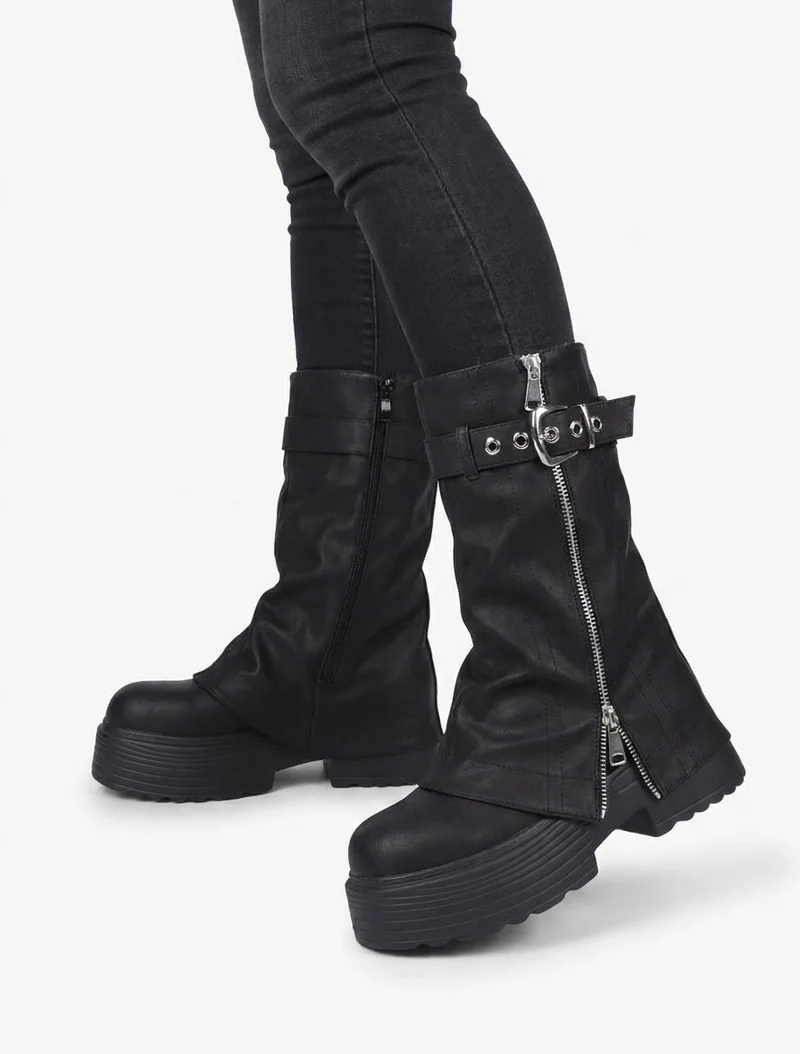 Bottines montantes à revers et zip décoratif - Noir
