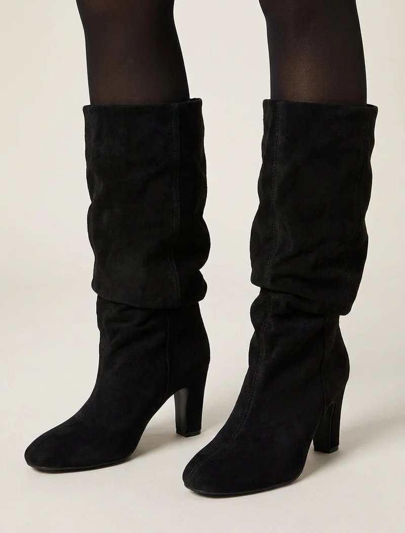 Bottes en suédine froncées à bouts ronds - Noir