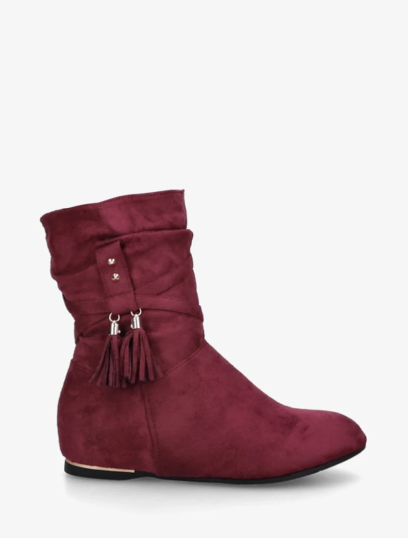 Bottines montantes en suédine à pompons - Bordeaux