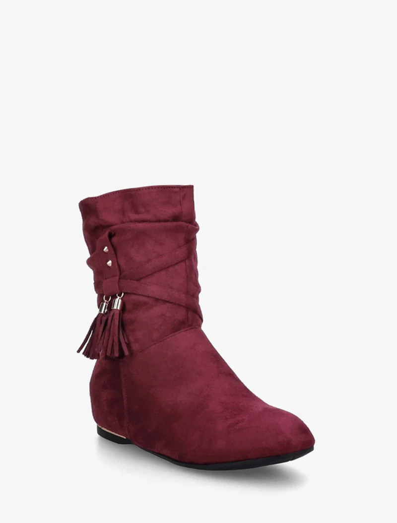 Bottines montantes en suédine à pompons - Bordeaux